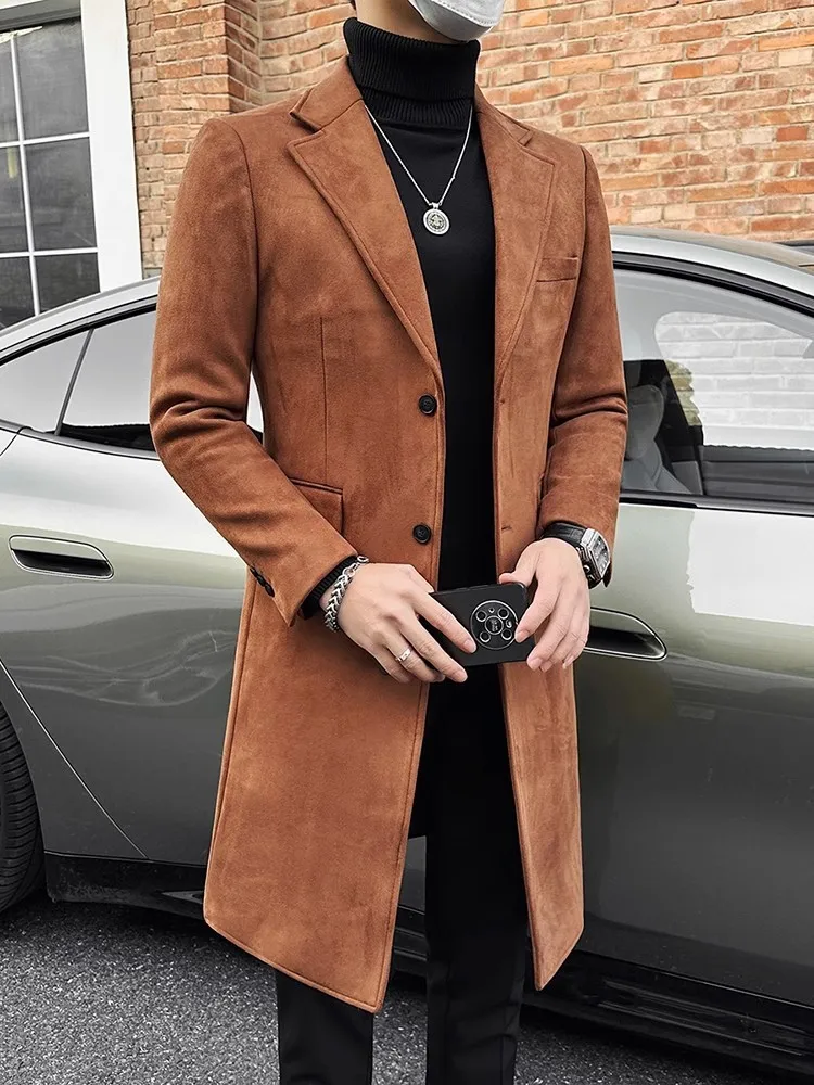 Winter Men Business Casual Slim Fit Padded Long Coat Warm Windbreakers Overcoat Single Breasted Fashion Office Mens Suede Trench