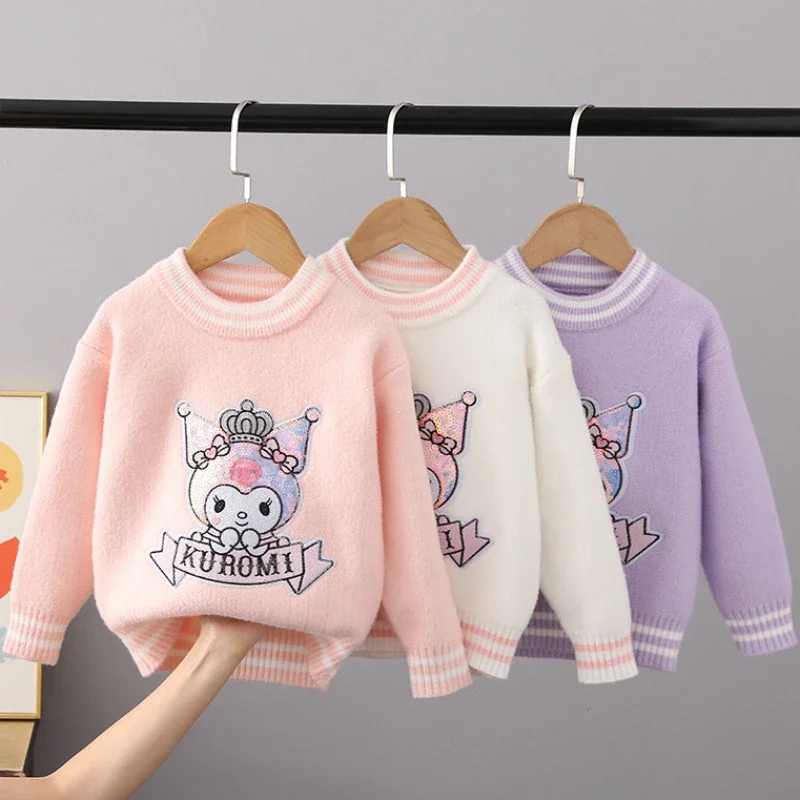

Kawaii Sanrios Kuromi Girls Sweater Fall and Winter Padded Warm Knitted Bottoming Shirt Tops Anime Children Thickened Sweater