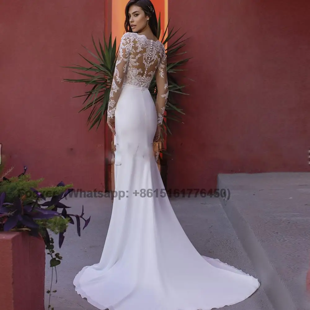 

Satin Wedding Dresses 2024 Women Sexy Long Sleeve Custom V-Neck Bride Gown Elegant A-Line Side Split Bridal Dress robe de mariée