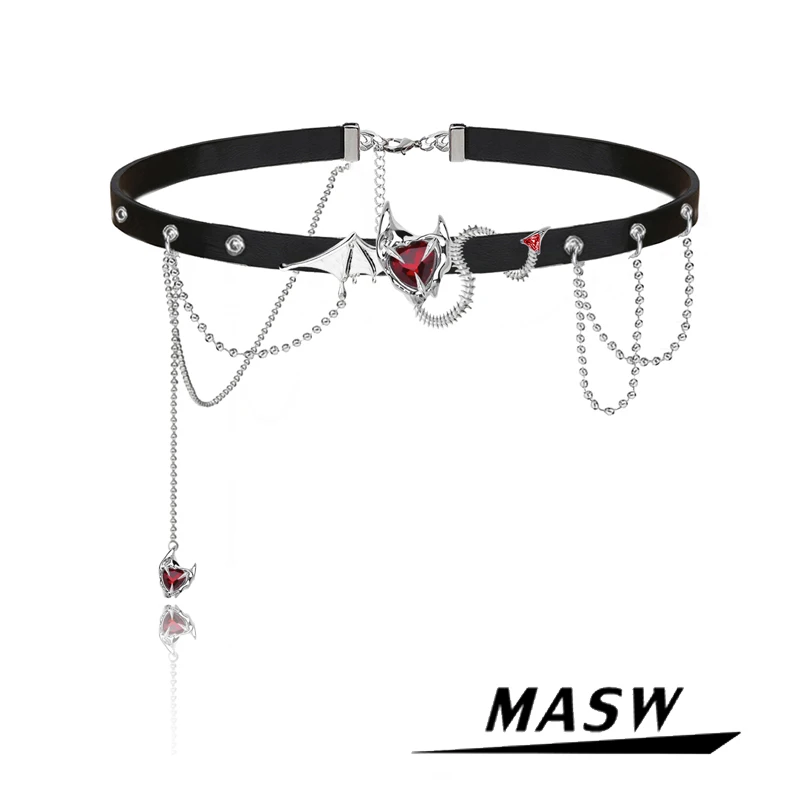 

MASW Original Design Black Leather Necklace Halloween Party Gift Cool Jewelry Red Heart Tassel Choker Necklalce For Women Girl