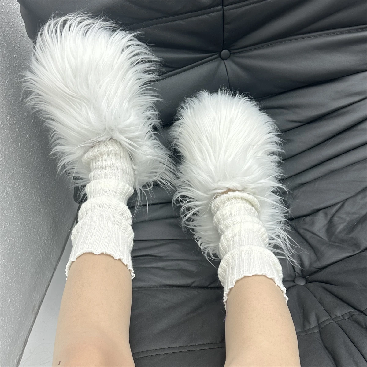 taly Leather fur Slippers Women Mule Runway Flats Thick Sole Leisure,Luxury Designer Brand fur Shoes Ladies