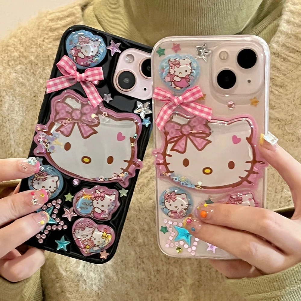 

Sanrio мультфильм Hllo Kitty зыбучий песок эффект телефонный чехол розовый лук для Iphone 15 15Promax 15Pro 14 13 12 12Pro 11 11Pro девушки телефон