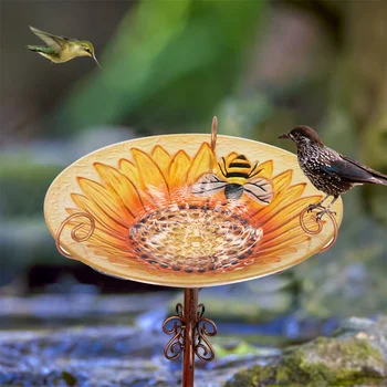 Glass Bird Bath Garden Outdoor Birdbath Birdfeeder with Metal Stake Bird Feeder Bird Bath Bowl for Garden Yard Lawn Decor 1