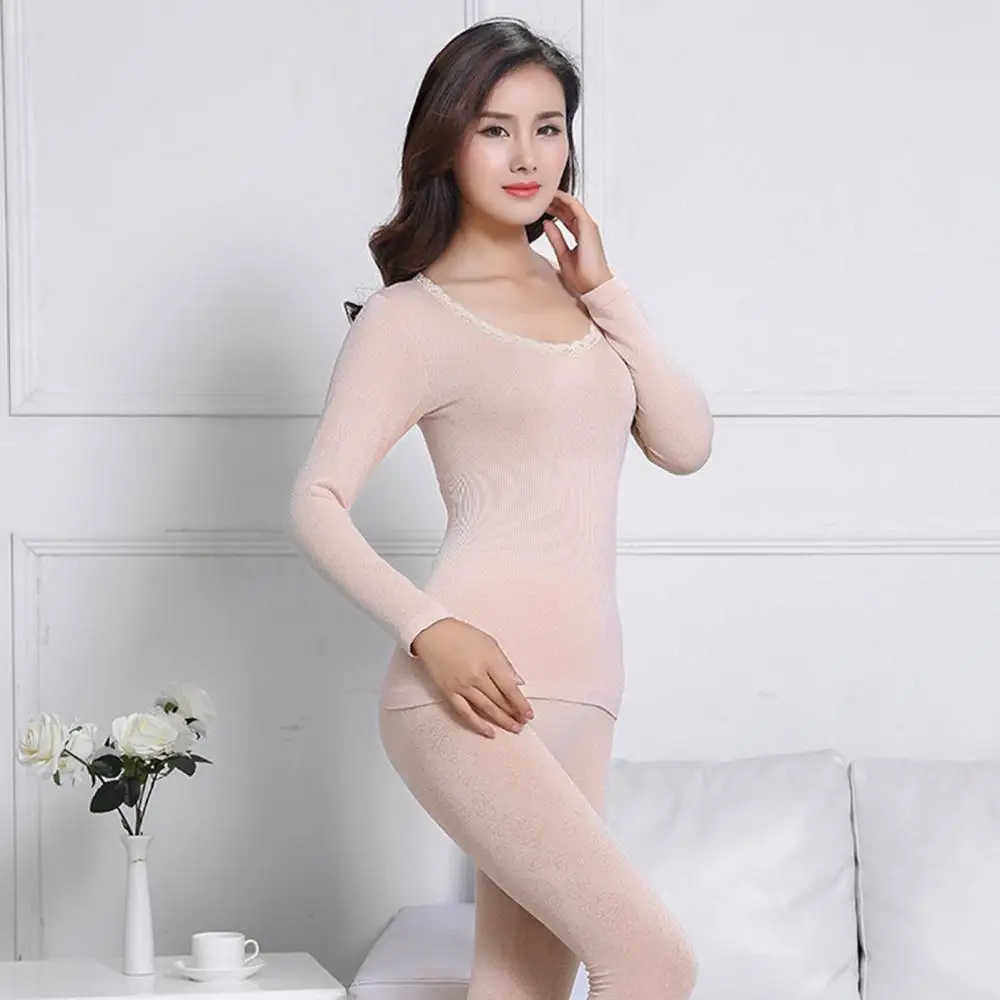 

Women Winter Thermal Underwear High Elasticity O-Neck Top Long Johns Pajama Set For Home For Sleep