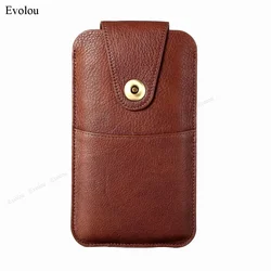 Premium Genuine Leather Phone Pouch with Belt Clip and Flip Cover - 6.5 - 6.7 inch (Dark Brown)