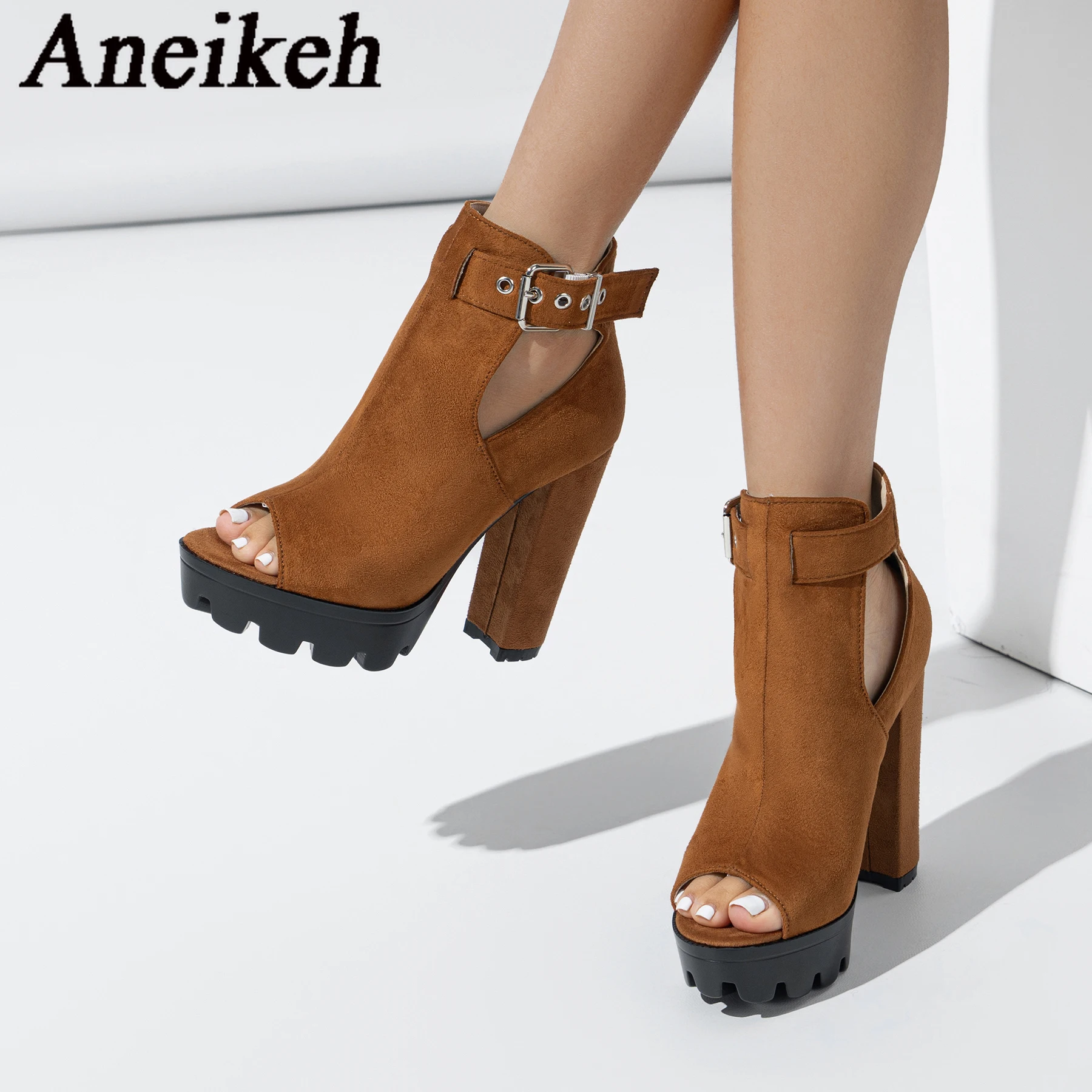 

Aneikeh Brown Punk Buckle strap Platform Boots For Women Hollow Out Sexy Peep Toe Pole Dance Faux Suede High Heel Ankle Boots