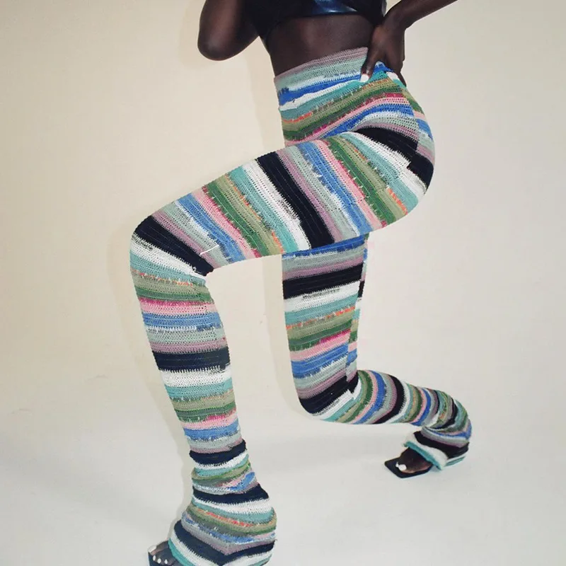

Autumn 2022 Sexy Bodycon Super Trousers Streetwear Women Fashion Colorful Striped Knitted Hippie Leggings Stacked Street Pants