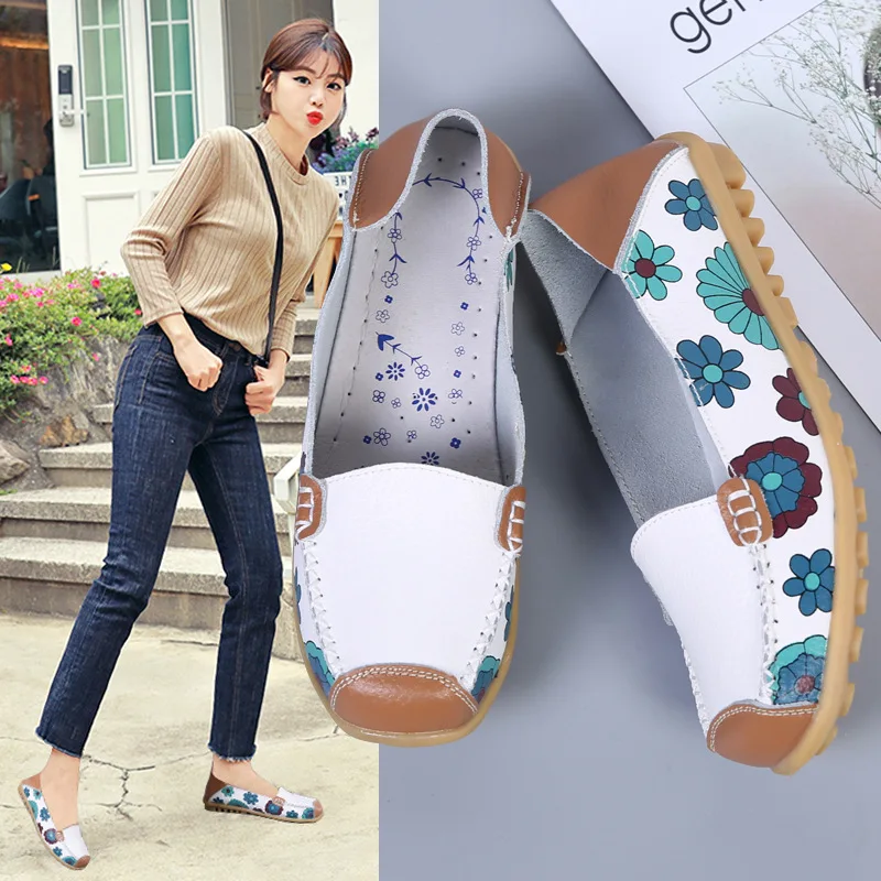non-slip cow suede Spring and autumn large size flat single shoes beef tendon sole mother shoes D005