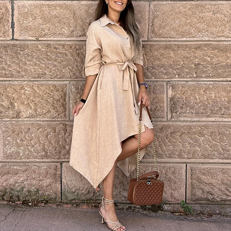 

Women Single Breasted Lapel Office Shirt Dress Spring Solid Lace-up Irregular Party Dress Autumn Adjusted Sleeve Pockets Dresses