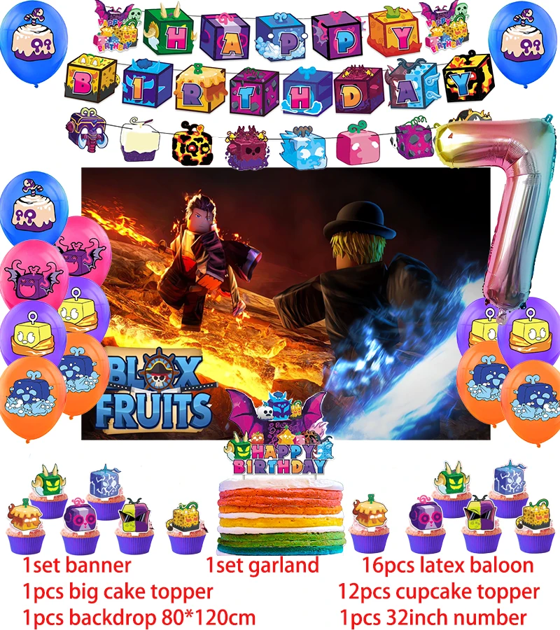 Description Picture 5 of itemBlox Fruits Birthday Party Decoration Balloon Banner Backdrop Cake Topper Blox Fruits Party Supplies Baby Shower