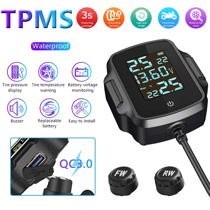 

Система контроля давления в шинах для мотоциклов TPMS, система сигнализации температуры с зарядным устройством USB QC 3,0