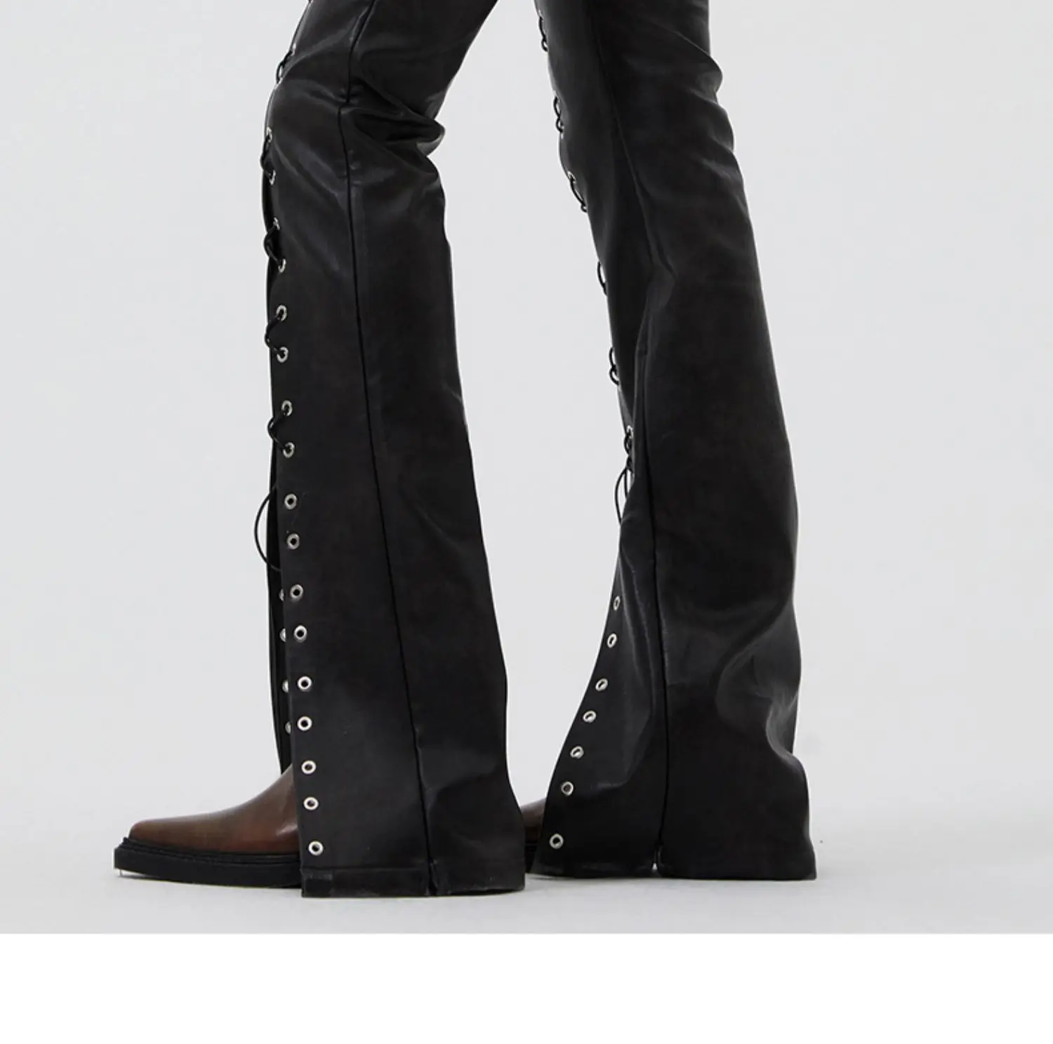 27-46 Men Women GD Punk Niche Performance Tie PU Micro Flare Leather Pants Lovers Trousers Plus Size Singer Costumes