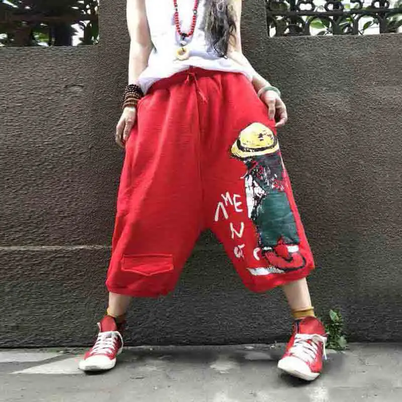 

Spring New Retro Printed Loose Large Size Curling Jeans for Women Casual High Waist Denim Harem Pants