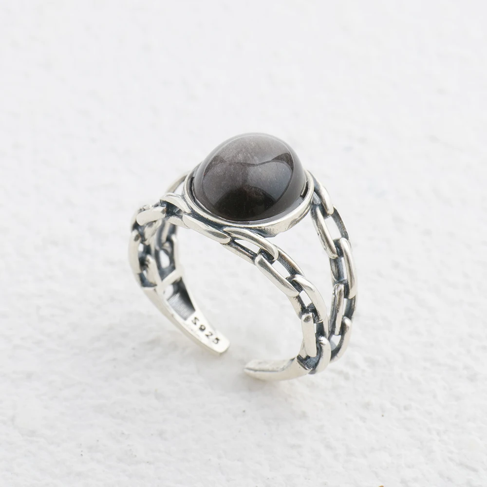 Vintage Interwoven 925 Silver Ring, Natural Silver Sheen Obsidian Handmade Light Luxury Jewelry Gift For Men's and Women's Rings - Image 5