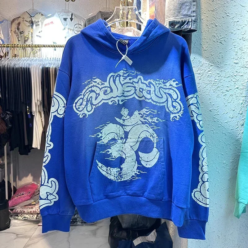 

New Hellstar Blue Vintage Wash Anniversary Graffiti Print High Street 1:1 Oversized Couple Sports Hoodie
