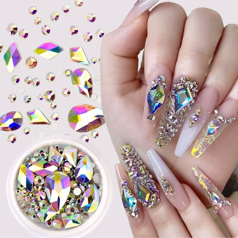 

1 Box Glitter Nail Rhinestones Mixed Size Shape AB Color Flat Back Bottom Shiny Crystal Gems Stone Beads 3D Nail Art Decorations