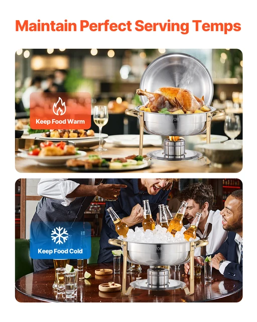 VEVOR Scaldavivande per Buffet con 4 Padelle, Distributore di Calore Rotondo per Ristorazione con Coperchio, Porta Carburante e Vaschetta per l'Acqua per Matrimoni, Feste, Dorato 4,7 L 3