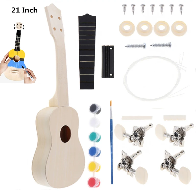 DIY Ukulele 21 Inch Kit Deer Sound Hole Basswood Soprano Hawaii Guitar Handwork Painting for Parents-child Campaign ukulele set