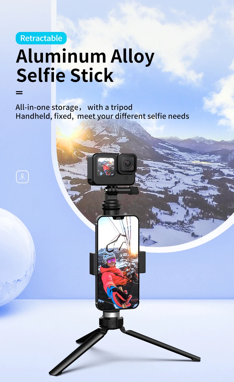 For GoPro Selfie Stick 360° Rotation Foldable Tripod Phone Holder Aluminum Alloy