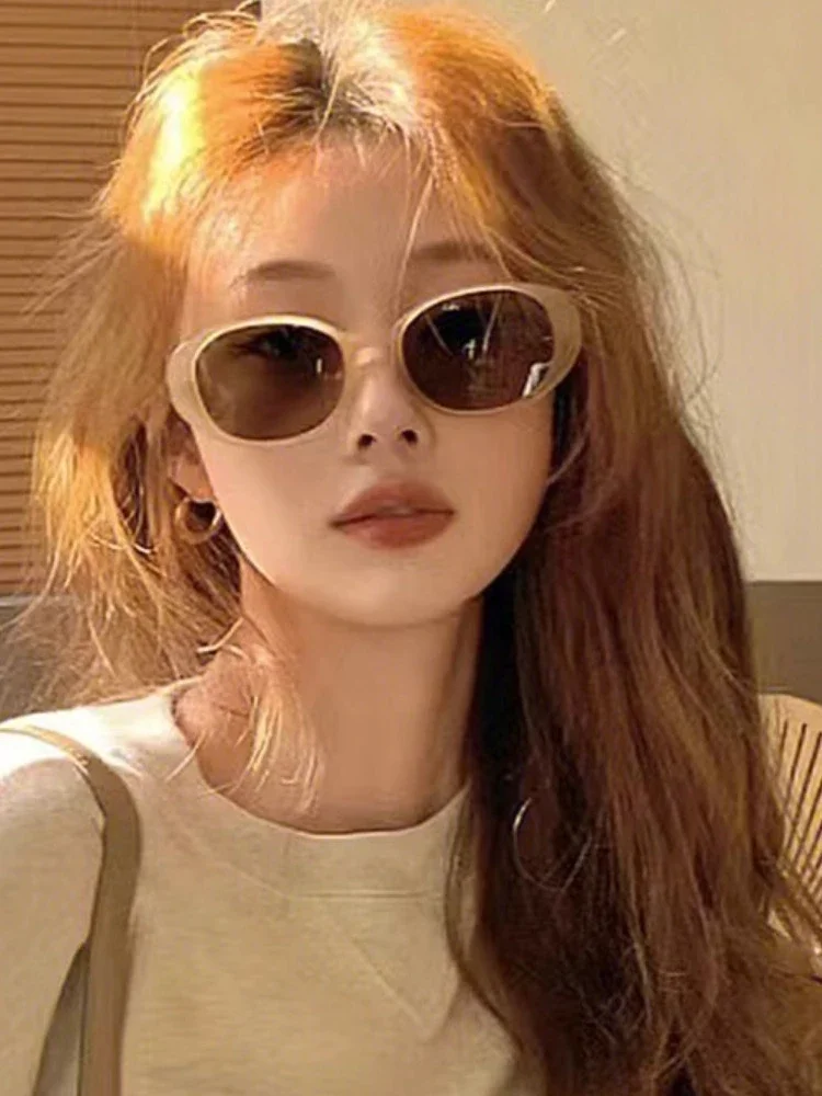 

Tea oval retro sunglasses for women's high-end trendy round face concave shape sun protection sunglasses