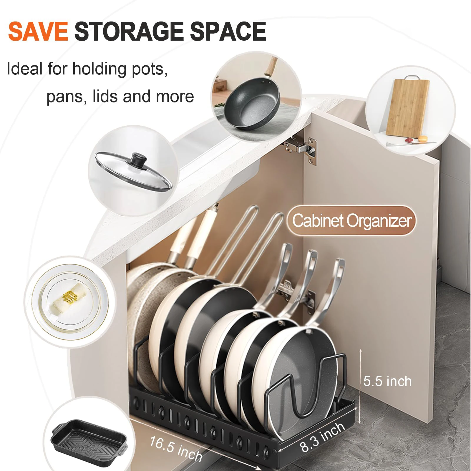 Pots and Pans Organizer Under Cabinet,Sliding Pot Lid Holder and Pan Rack Kitchen,Pull out Pot and Pan Organizer,Dishes Storage 2