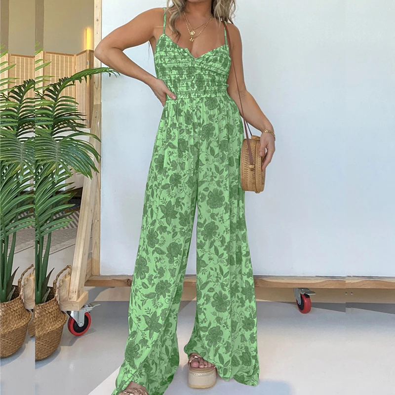 

Sexy Deep V-neck Sleeveless Long Jumpsuit Women Elegant Hight Waist Pleat Playsuit Overalls Casual Wide Leg Print Sling Rompers