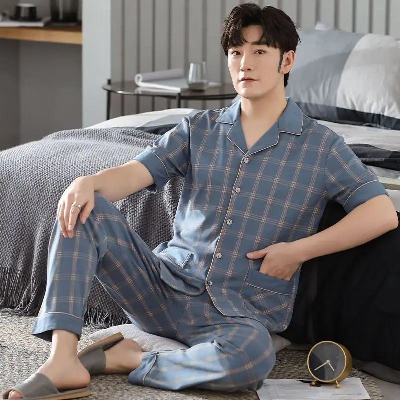 

Big Size Cotton Sleepwear Men Short Sleeve Cardigan Trouser Pajama Sets Button Homewear Loungewear Sets Loose Korean Sportswear