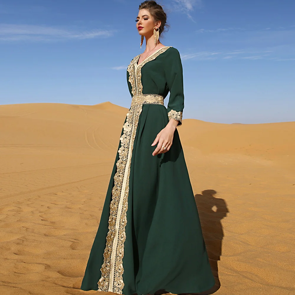 Dubai Long Dress Dark Green Moroccan Caftan Kaftan Turkey Embroiled Lace Elegant Vacation Gorgeous Abaya Women's Clothing