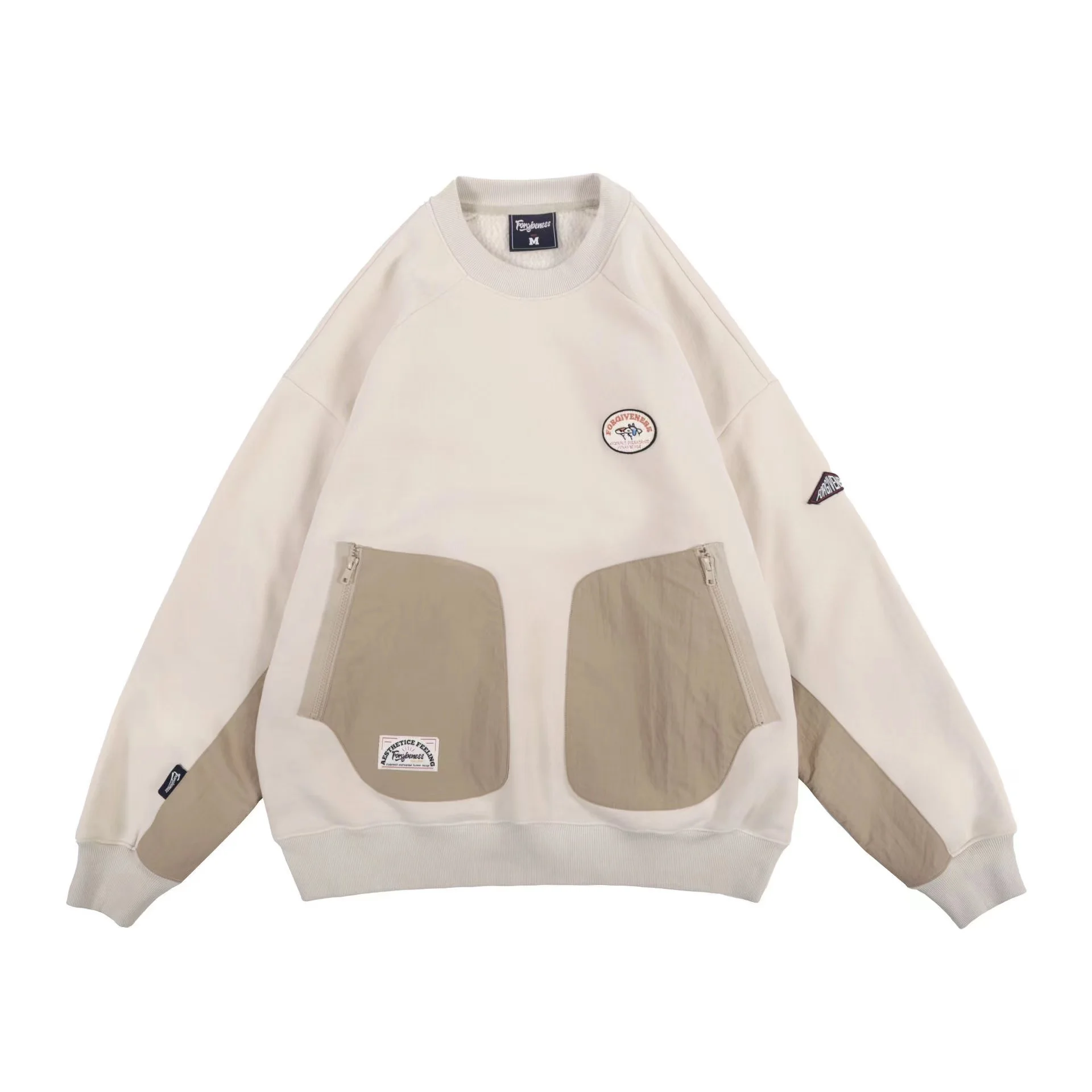 

Japanese retro-style sweater with suede stitching and color-colliding pockets