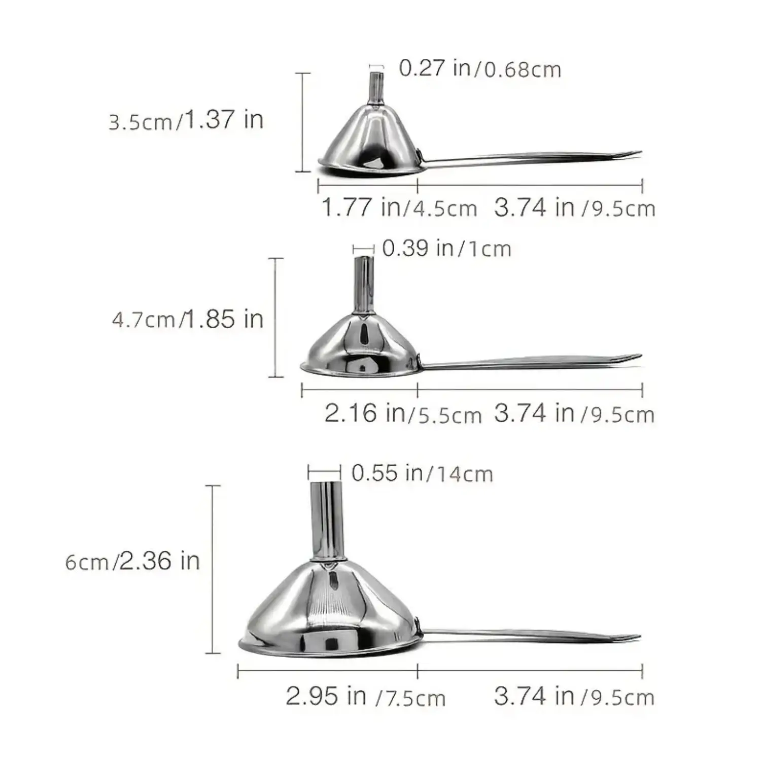 Funis de aço inoxidável com escova de limpeza, Conjunto pequeno de funil para transferência de óleos essenciais, Tempero líquido D, Aço inoxidável 304, Conjunto de 4