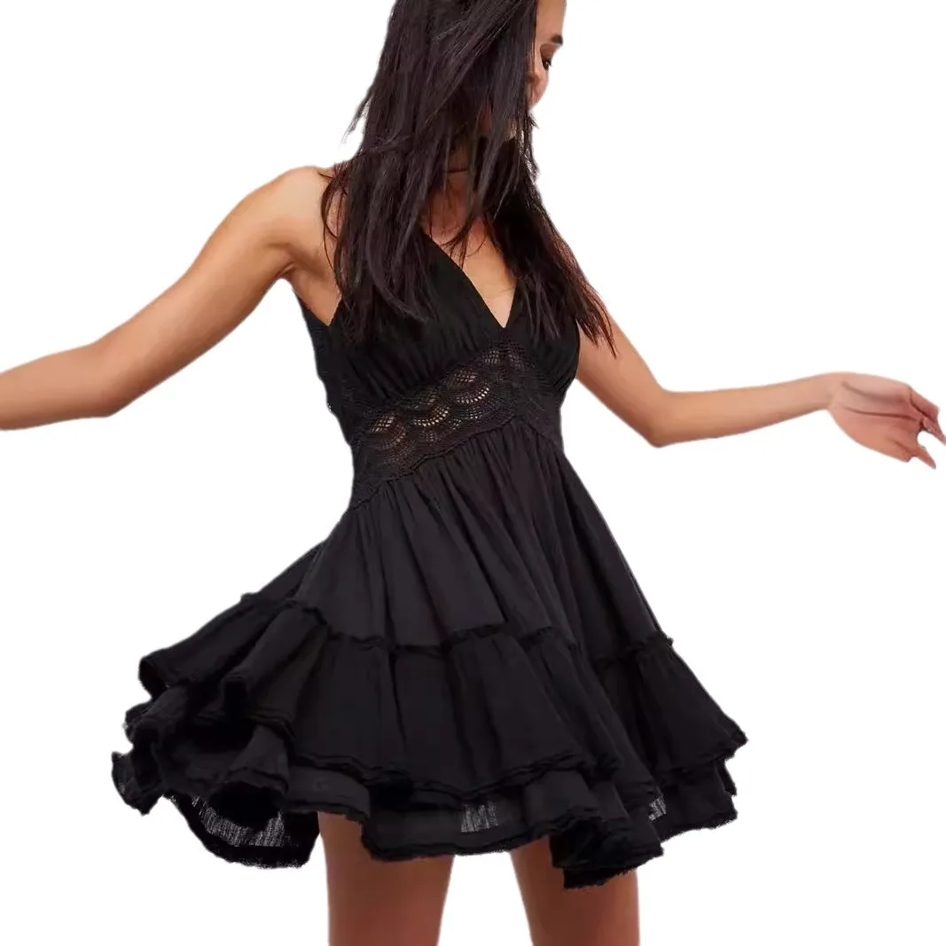 Women's Clothing Sexy Backless Lace Dress V-neck Vacation Mini Dress Sleeveless Summer Dress Beach 5