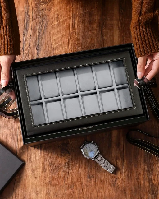 Boîtes de rangement de montres verrouillables en cuir à 12 fentes, vitrine de présentation de bijoux pour hommes et femmes, vitrine de montre organisateur à 2 niveaux, nouveauté 2024 6