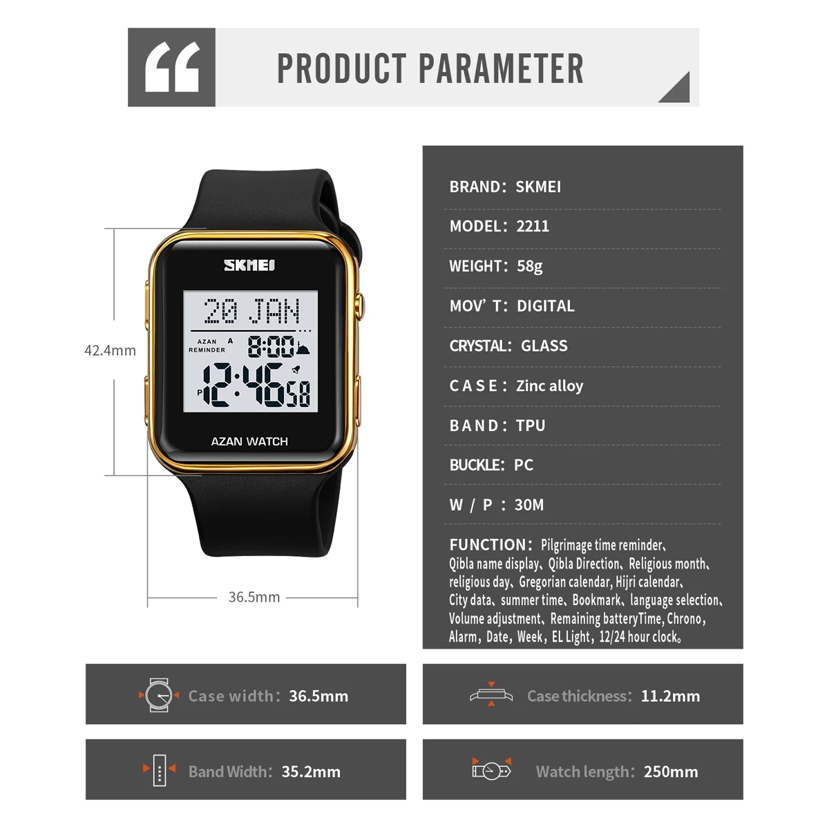 SKMEI Muslim Digital Watch For Men Women Led Light Display Watches Pilgrimage Time Reminder Direction Function Wristwatch 6
