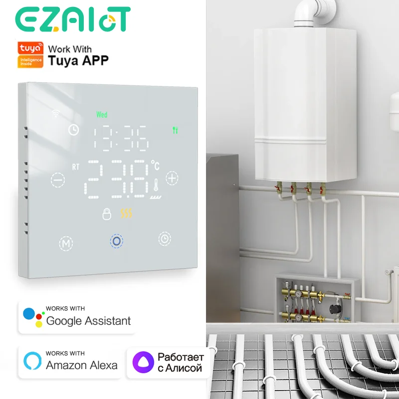 Controlador de Temperatura Elétrico Inteligente Wifi Aquecimento Tuya Água Caldeira a Gás Termostato de Piso Tecla de Toque Voz Alexa Google Home