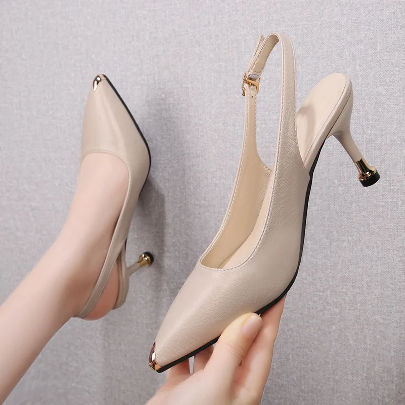 Women's Pointed Toe Shallow Mouth Thin High Heels Suede Back Strap Spring Pumps