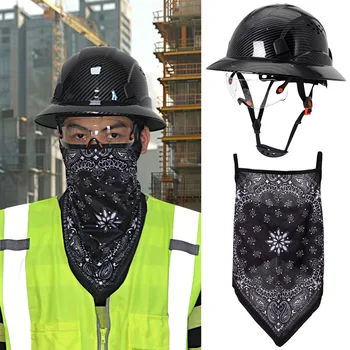 Elmetto a tesa intera in fibra di carbonio CE con occhiali integrati Asciugamano triangolare per il viso Casco di sicurezza per ingegnere edile Cappuccio di sicurezza in ABS
