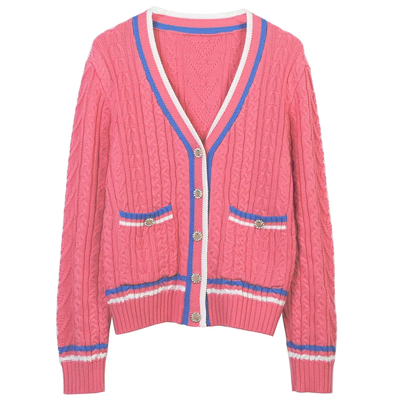 

Cardigans for Women 2023 Autumn/Winter New Contrast Stripe V-Neck Thick Twist Pocket Loose Knitted Cardigan Coat Long Sleeve Top