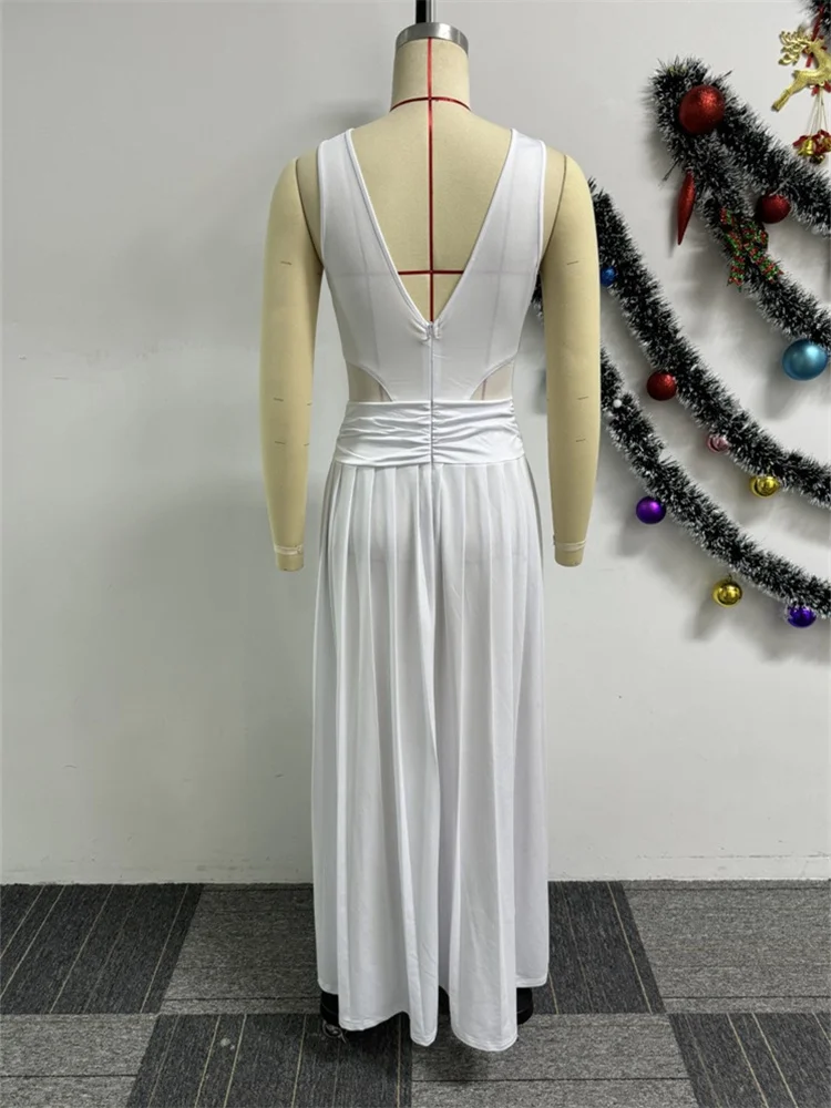 Wmstar 2024 Summer Dresses Women Sleeveless Sexy Perspective Open Back Fold Elastic Waist Pulling Dress Wholesale Dropshipping