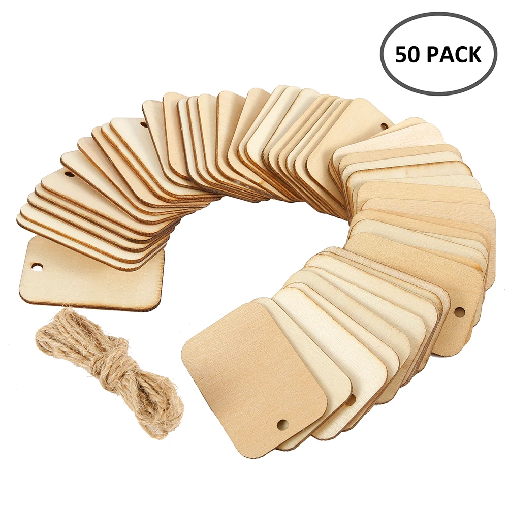50Pcs Wood Slices with Ropes Unfinished Rectangular Log Slices Rustic Natural Wood Pieces Hanging Ornament for DIY Craft Decor