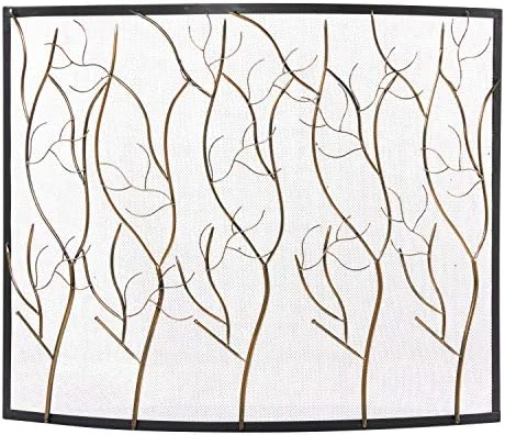 Tree Sculpted Tree Relief Single Panel Fireplace Screen with Curved Mesh Netting, 39