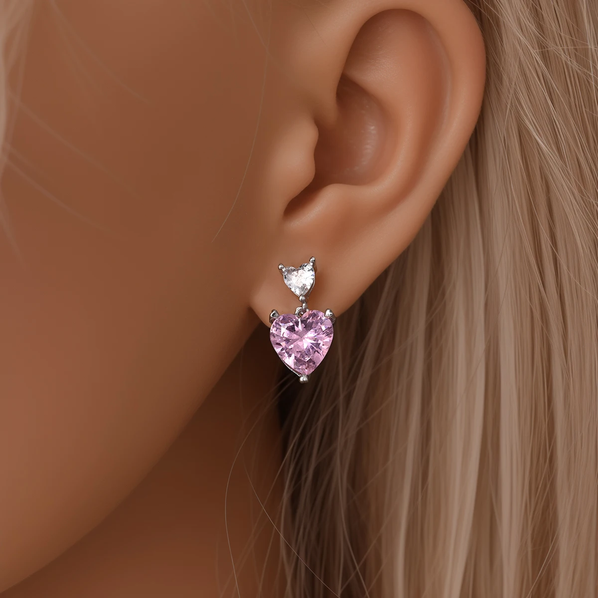 925 Sterling Silver Romantic Pink Bow Earrings Sparkling Heart-Shaped Zircon Ear Studs for Women Wedding Engagement Jewelry 4