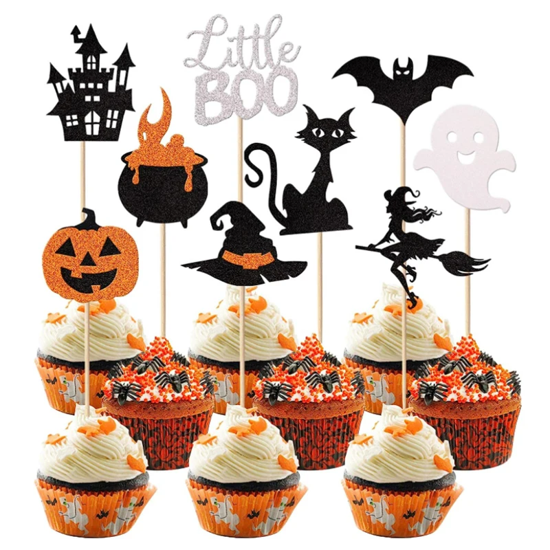 

9pcs Halloween Cake Flag Insertion Pumpkin Witch Ghost Bat Cake Topper Baking Cake Birthday Party Halloween Decoration Supplies