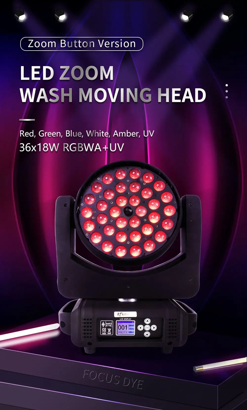 Description Picture 4 of item4PCS LED Wash Zoom 36x18W 6IN1 RGBWA+UV Moving Head Lighting Button Version Professional DMX Controller Club Disco Party Light
