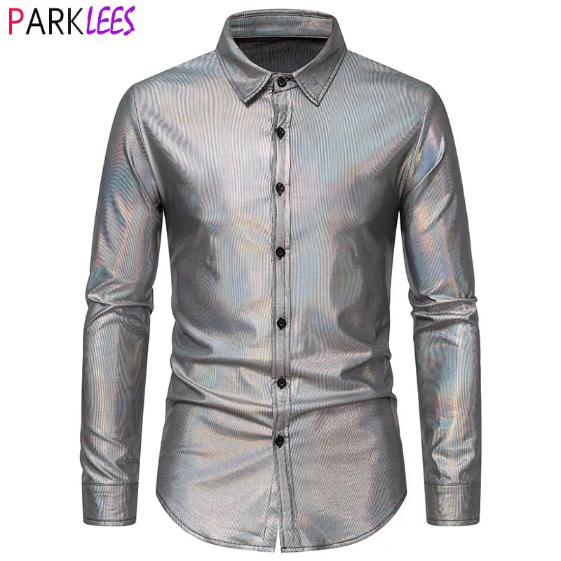 Silver Metallic Giltter Dress Shirts Men 2022 New 70's Disco Party Halloween Costume Shirt Mens Club Stage Performance Chemise club 57 film performance and art in the east village 1978–1983