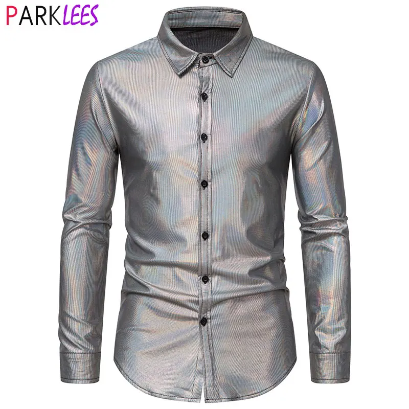 Silver Metallic Giltter Dress Shirts Men 2022 New 70's Disco Party Halloween Costume Shirt Mens Club Stage Performance Chemise