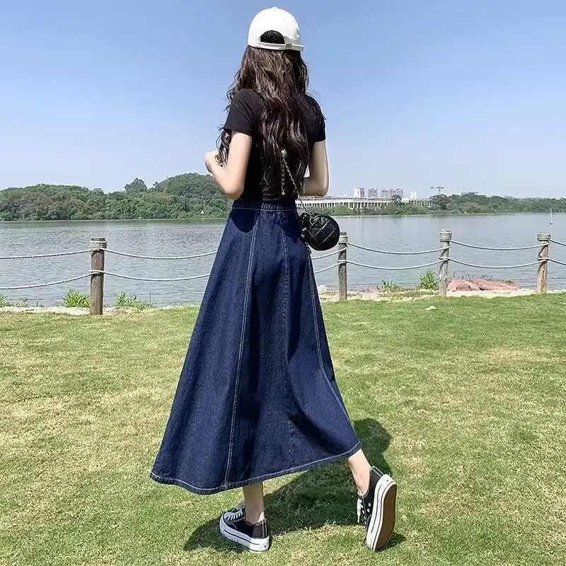 Women's Korean Fashion Denim Midi Skirt High Waist A-Line Elastic Waist Vintage Washed Denim Fabric Casual Long Denim Skirt 3