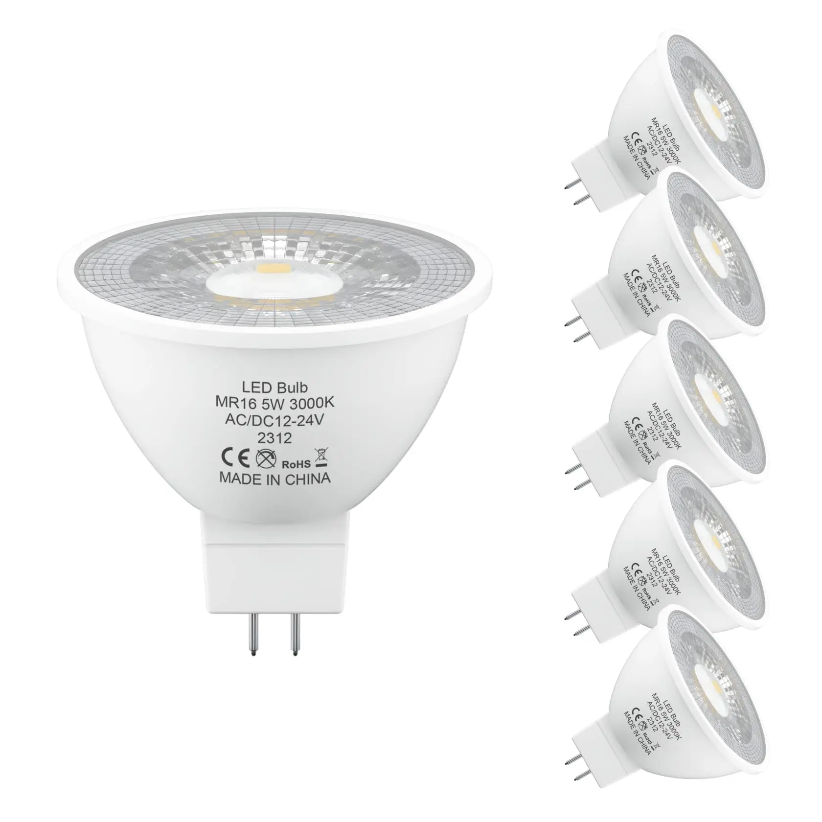 MR16 LED Bulbs Warm White 3000K Cool White 6500K AC/DC 12V/24V GU5.3 LED Spotlight Bulbs 5W for Landscape Track Lighting 6 Pack