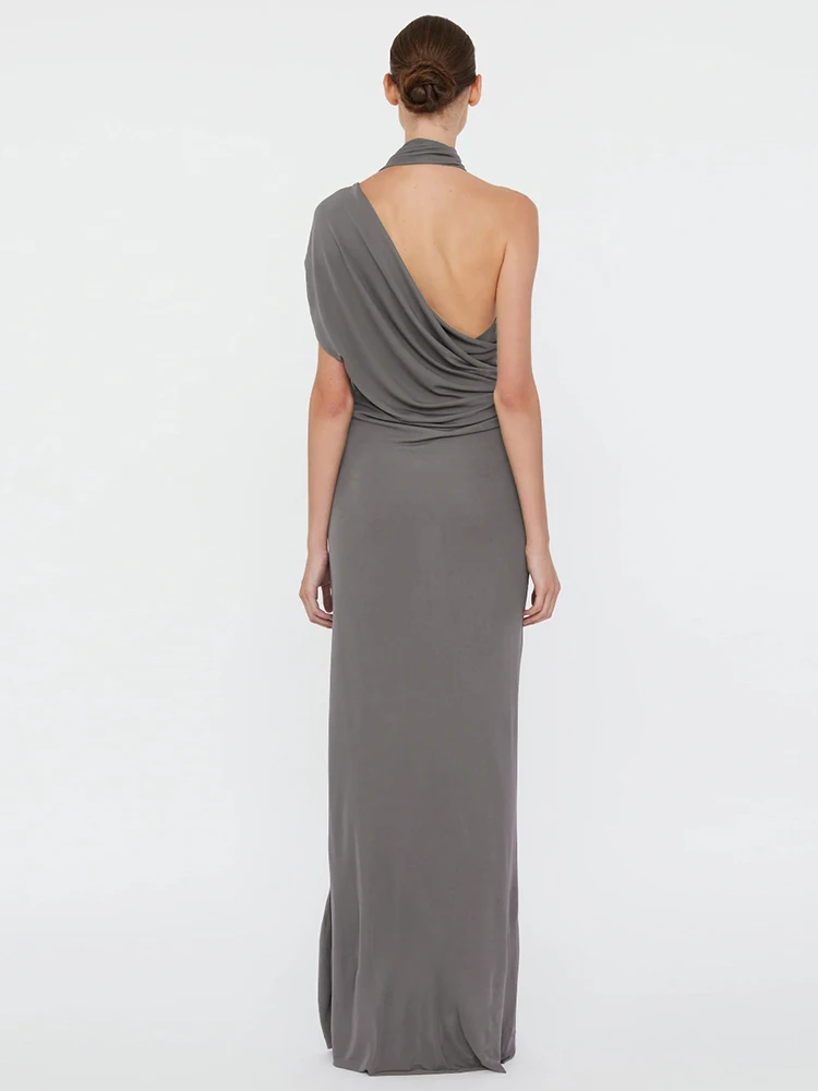 Nibber Temperament Hollow Irregular Dress Women Side Metal Buckle Backless Ruched Sleeveless Skinny Stretch Simple Maxi Bodycon