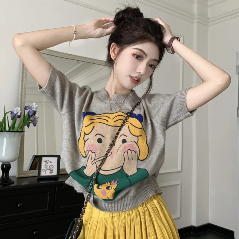 

Модная летняя Милая женская футболка оверсайз с мультяшным принтом, милая Свободная рубашка с круглым вырезом для девочек, одежда в Корейском стиле Y2k