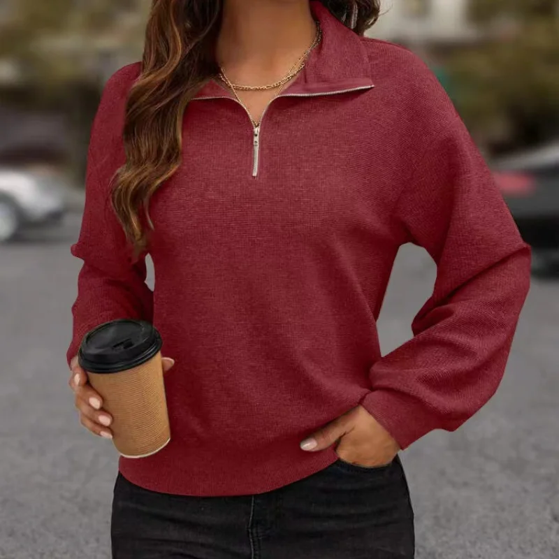 Womens Autumn and Winter Fashion New Pullover Zipper T Shirt Solid Color Splicing Loose Comfortable Versatile Long Sleeves Tops